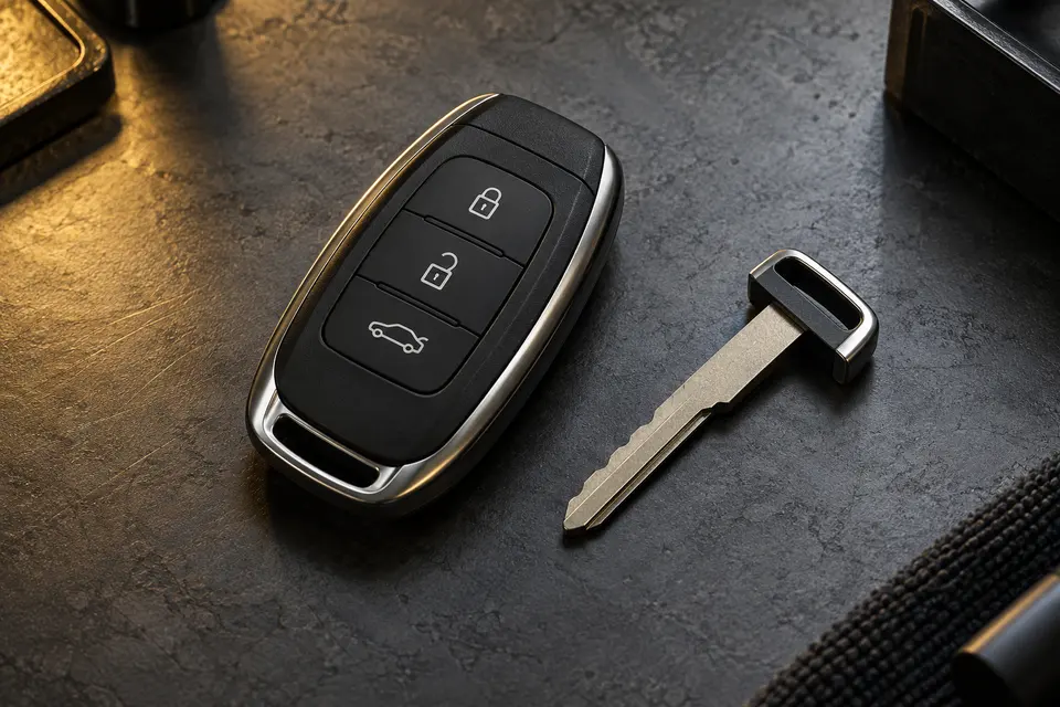Black three-button vehicle key fob with silver trim beside a separate metal emergency key
